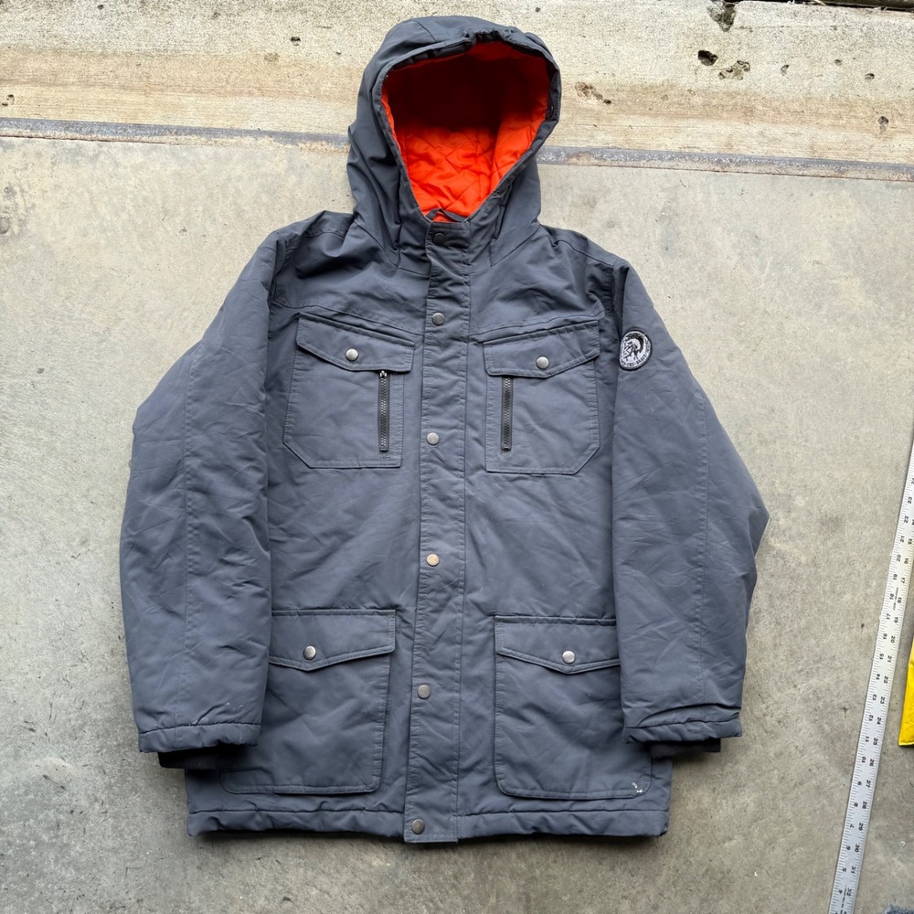Diesel Boys XL 18/20 Gray Hooded Parka Utility Jacket Orange Quilted Lining